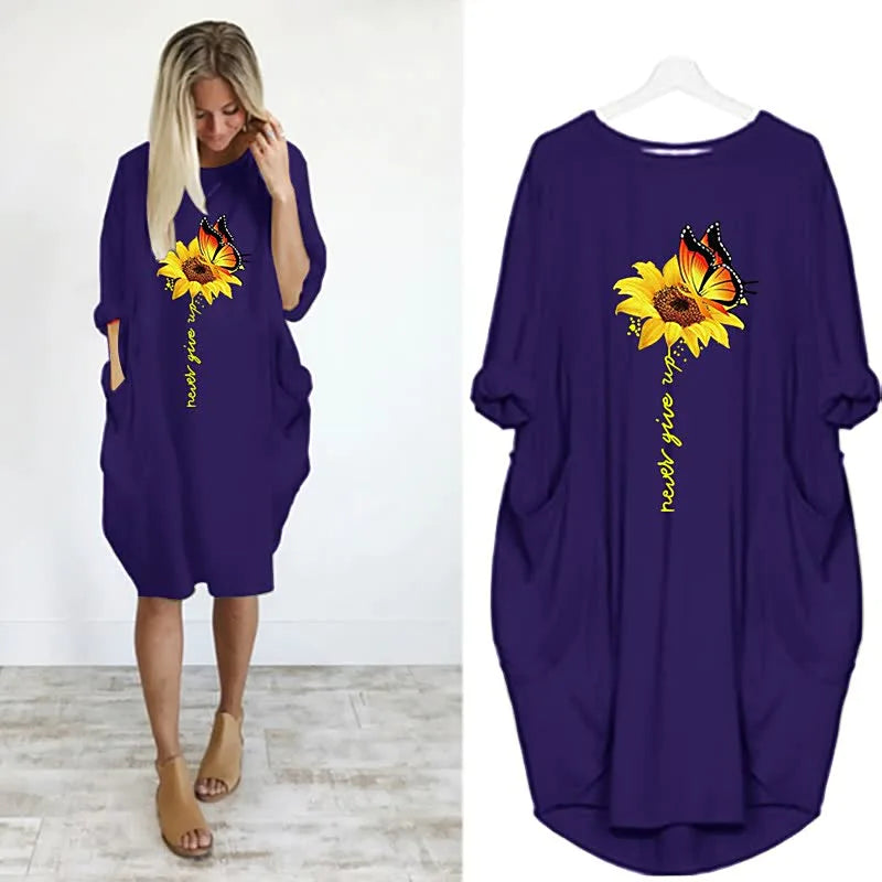 Damen Schmetterling Sonnenblumendruck Sommerkleid drucken
