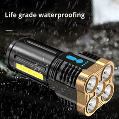 5 LED Flashlight High Power Rechargeable Waterproof Led Long-range Spotlight Battery Display COB Light Outdoor Multi-function