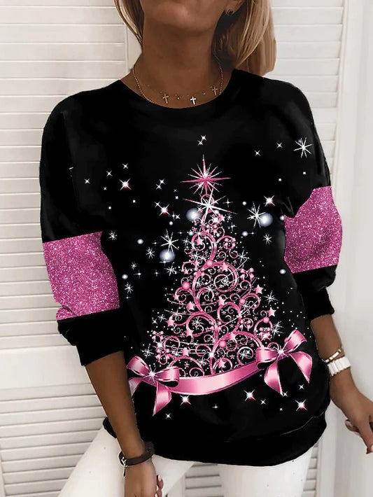Felpa pullover a collo rotondo stampato digitale di Natale per donne
