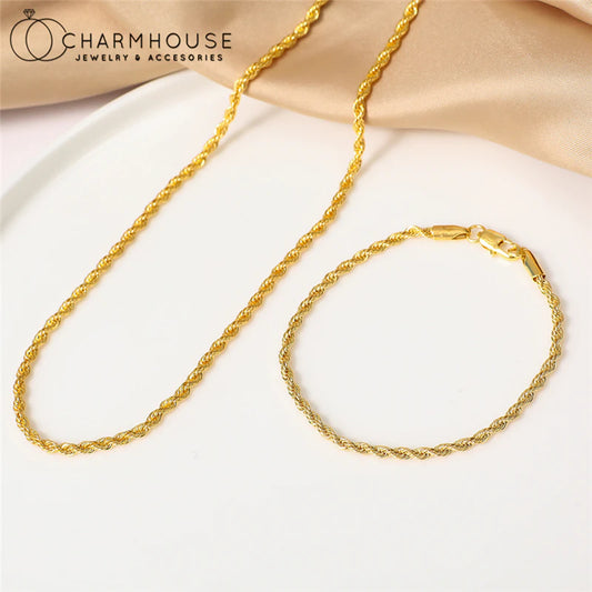18K Gold plattierte Schmucksets für Männer und Frauen - 4 mm verdrehte Ketten Halskette & Armband 2 -teilige Schmuckset - Accessoires Bijoux Geschenke