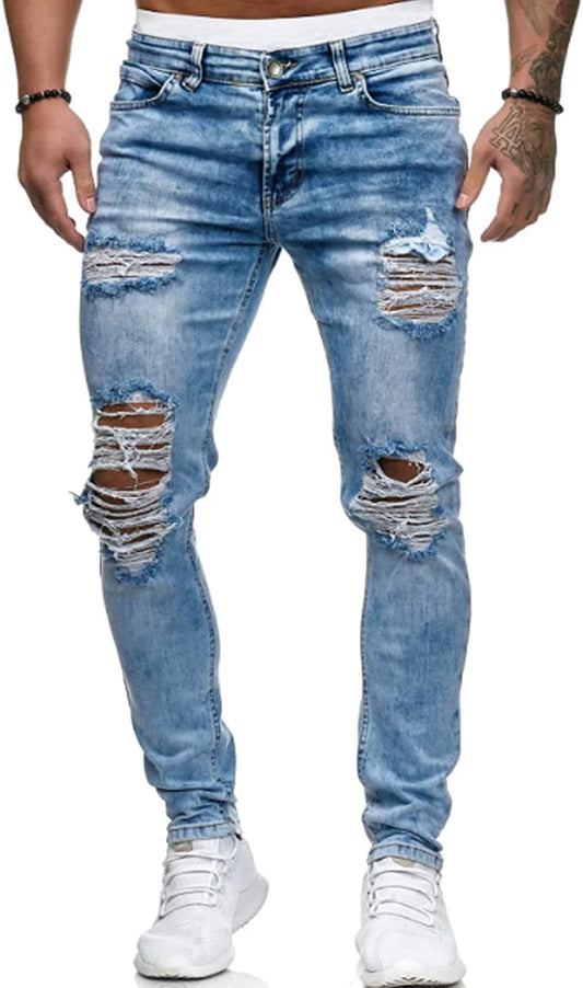 Hungson Herren -dehnbar gerissene Röhrenbiker -Jeans mit schlankem Fit -Jeanshosen geklebt