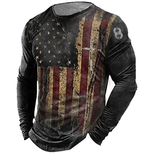 Męska amerykańska flaga drukowana okrągła koszulka z długim rękawem Retro Motorcycle Biker Pullover Sport T-shirt