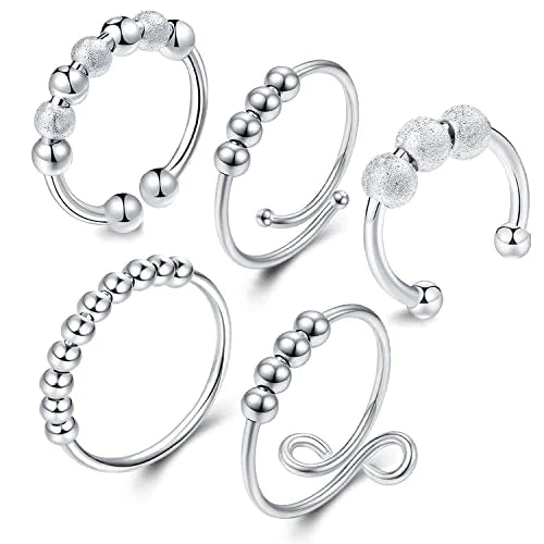 5 PCS Anxiété anxiété pour femmes, anxiété réglable Anneaux ouverts avec des perles Stress Spinner Rings For Women Girls (Silver)
