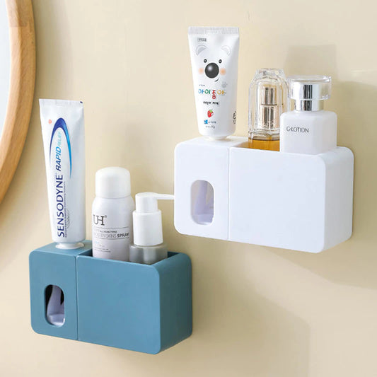 2 en 1 dispensador de pasta de dientes con soporte de cepillo de dientes montaje de pared de pared automática pasta de dientes organizador de baño accesorios de baño