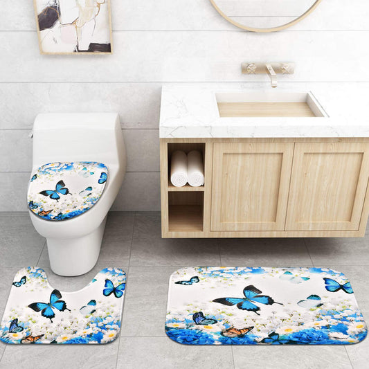 Blumenschmetterling Duschvorhang Set mit Rutschteppich, Toilettendeckel und Badematte, farbenfrohe Blumenduschvorhang mit Schmetterlingen