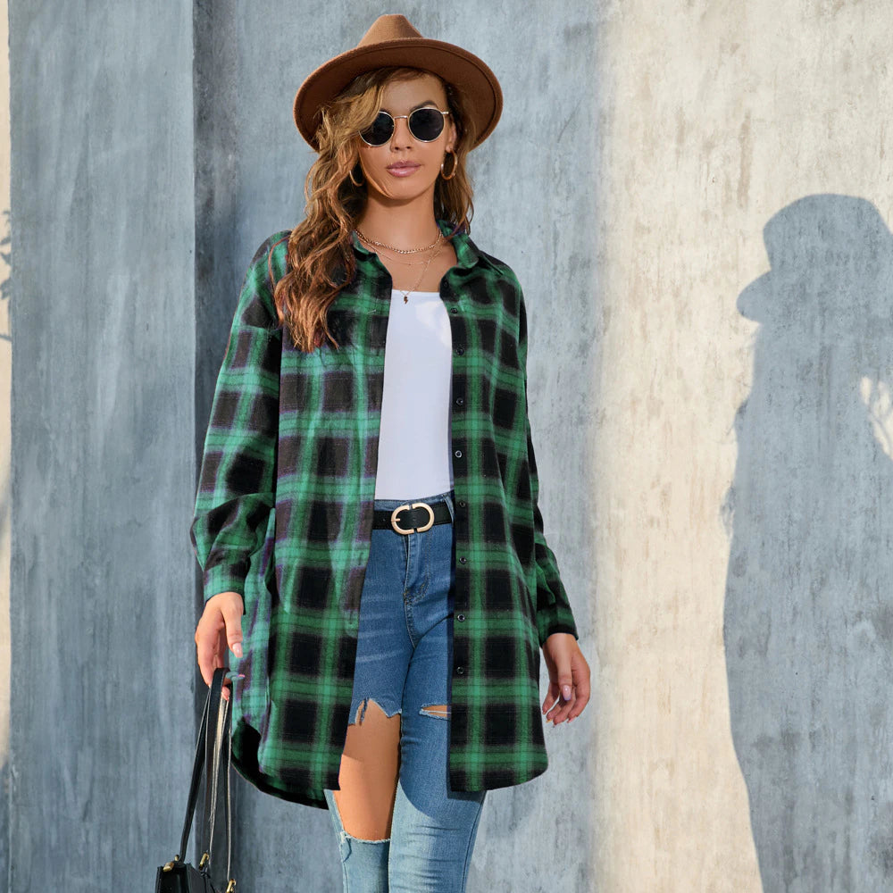 Women's Button Down Flannel Shirts Plaid Shacket Long Sleeve Collared Long Jacket Coats