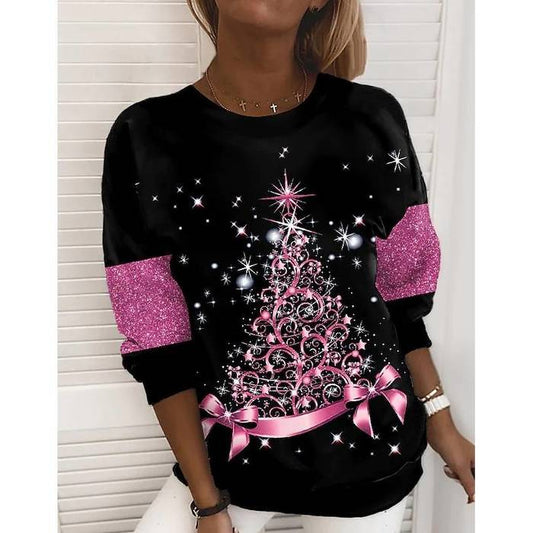 Sudadera de jersey redonda de cuello redondo impreso en Navidad para mujeres