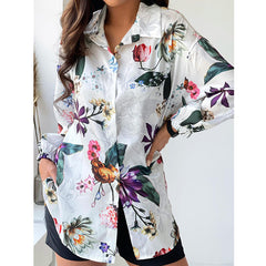 Mode langärmelige Revers-Hemd-Print Blumen-Strickjacke weiblich