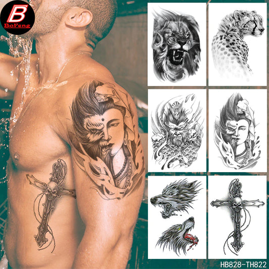 Juego de pegatinas de tatuaje de brazo impermeable - Sun Wukong, Buda de la cara medio, Grim Reaper, Cross, Joker Tattoo Decals