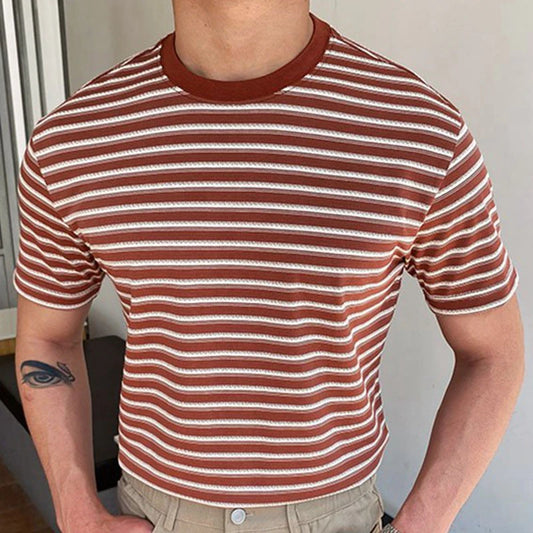 Men's Knitted Short Sleeve T-Shirt with Red Striped Woolen Fabric S