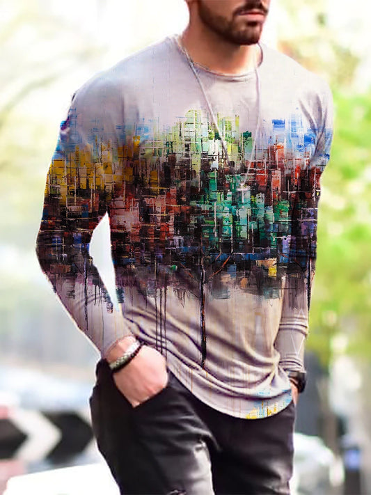 Langarmhemden für Männer, T-Shirt für Herren Mode Graffiti gedruckte Langarm-Crewneck-Shirts lose Plus-Size-T-Shirt Tops