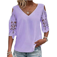 T-shirt da donna in pizzo a V-Neck Color Solid casual.