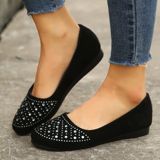 Zapatos para mujeres de gran tamaño con boca plana, fondo plano, diamantes de imitación, dedo redondo, zapatos individuales para mujeres